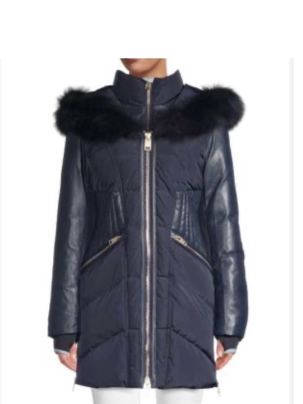 NB Series By Nicole Benisti Courvechal Fox Fur Trim Down Puffer Coat in Navy